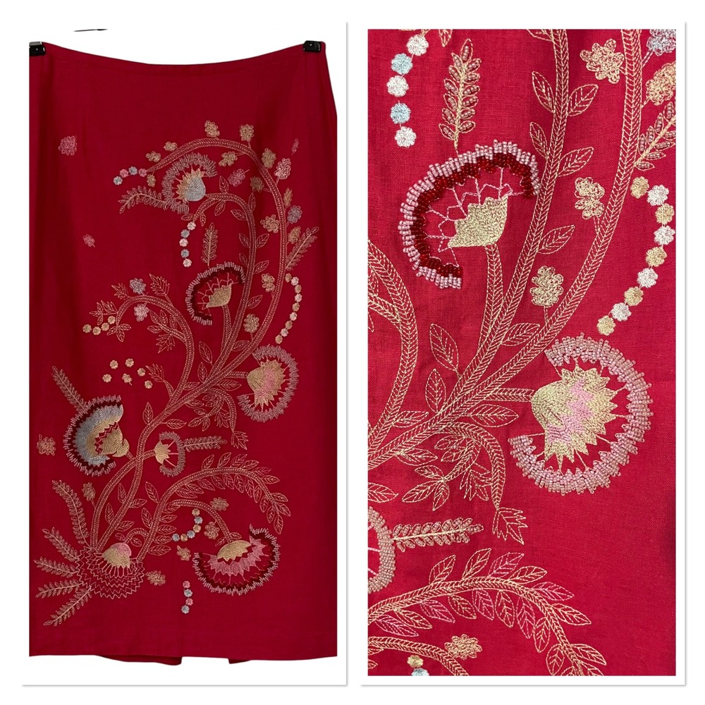 Richard Malcolm Red Linen Floral Embroidered Beaded Midi Skirt Boho Garden 8 NWT